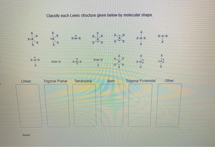 Structure given lewis classify below each molecular trigonal bent shape linear chegg tetrahedra pyramidal other transcribed text show