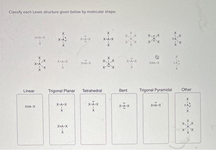 Classify each lewis structure given below by molecular shape