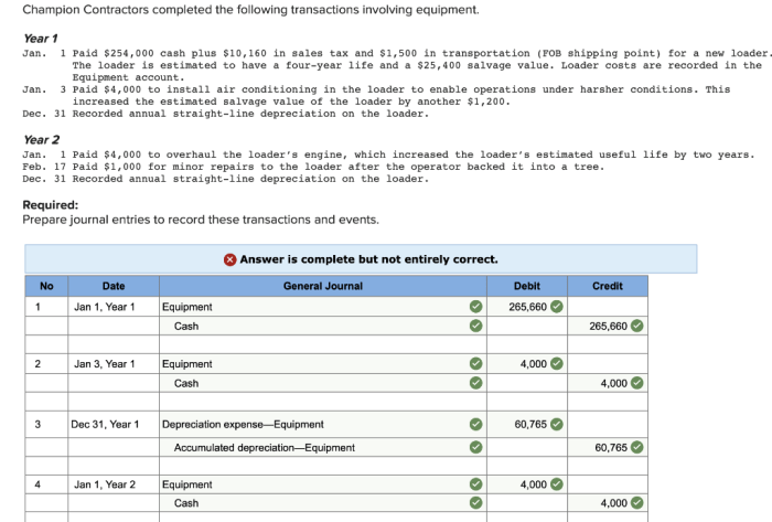 Champion contractors completed the following transactions involving equipment